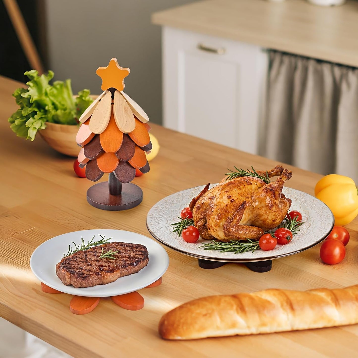 Tree Shaped Wooden Trivet Set with Stand (5 Pack)