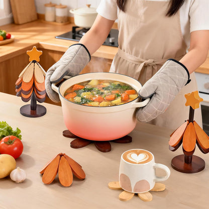 Tree Shaped Wooden Trivet Set with Stand (5 Pack)