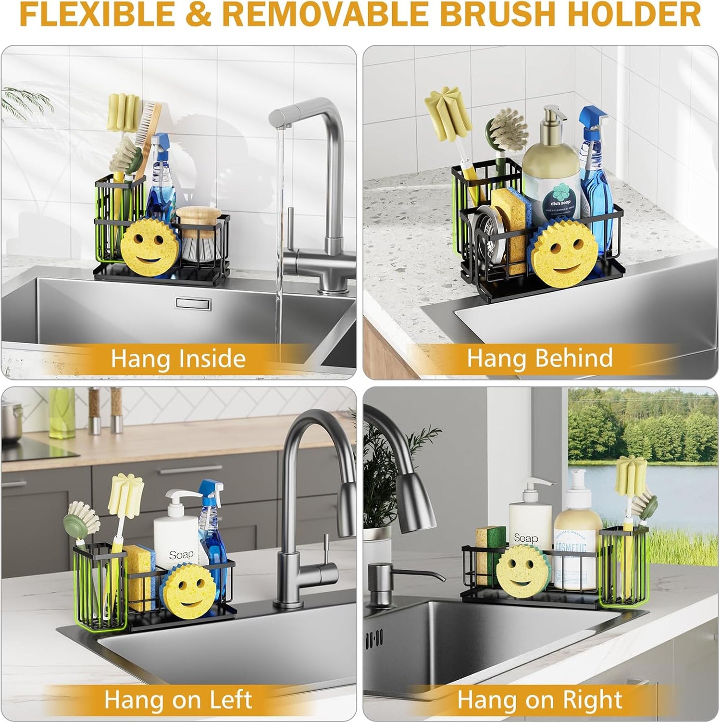 Sink Caddy Sponge Holder, Smiley Face Sponge Rack with High Brush Holder,Rustproof Kitchen Countertop Organizer,Kitchen Gadgets Sink Accessories, Black