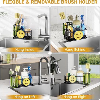 Sink Caddy Sponge Holder, Smiley Face Sponge Rack with High Brush Holder,Rustproof Kitchen Countertop Organizer,Kitchen Gadgets Sink Accessories, Black