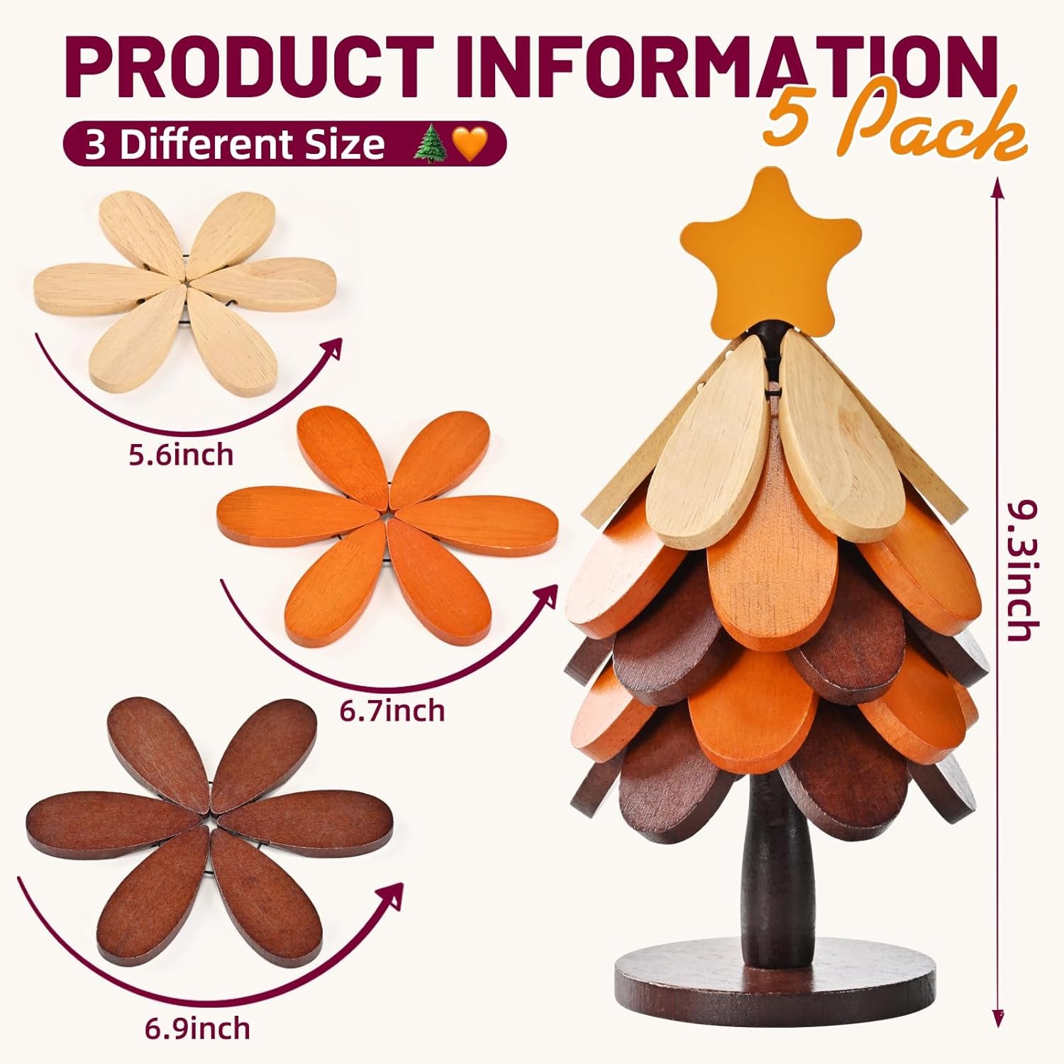 Tree Shaped Wooden Trivet Set with Stand (5 Pack)