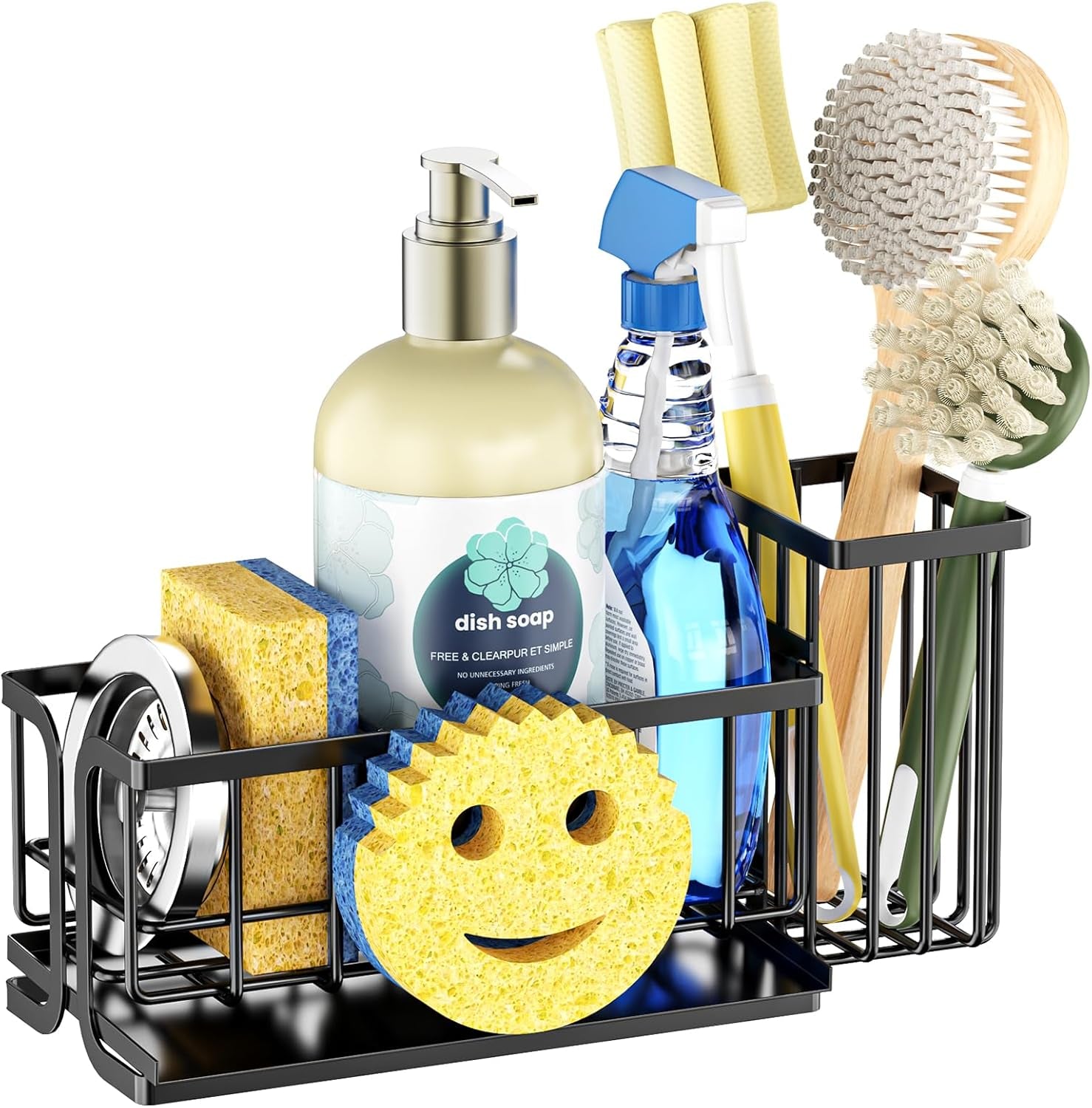 Sink Caddy Sponge Holder, Smiley Face Sponge Rack with High Brush Holder,Rustproof Kitchen Countertop Organizer,Kitchen Gadgets Sink Accessories, Black