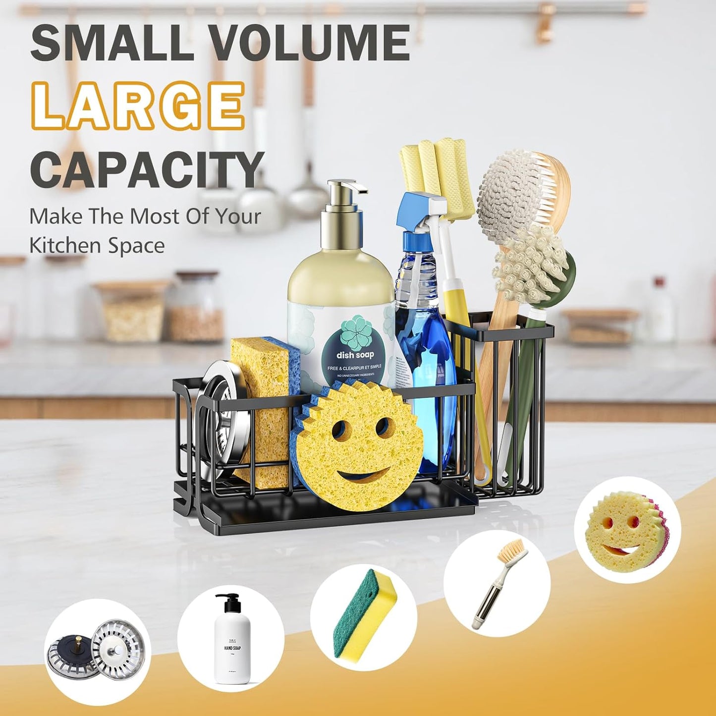 Sink Caddy Sponge Holder, Smiley Face Sponge Rack with High Brush Holder,Rustproof Kitchen Countertop Organizer,Kitchen Gadgets Sink Accessories, Black