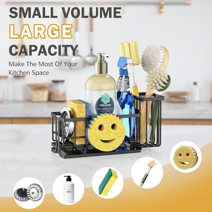 Sink Caddy Sponge Holder, Smiley Face Sponge Rack with High Brush Holder,Rustproof Kitchen Countertop Organizer,Kitchen Gadgets Sink Accessories, Black