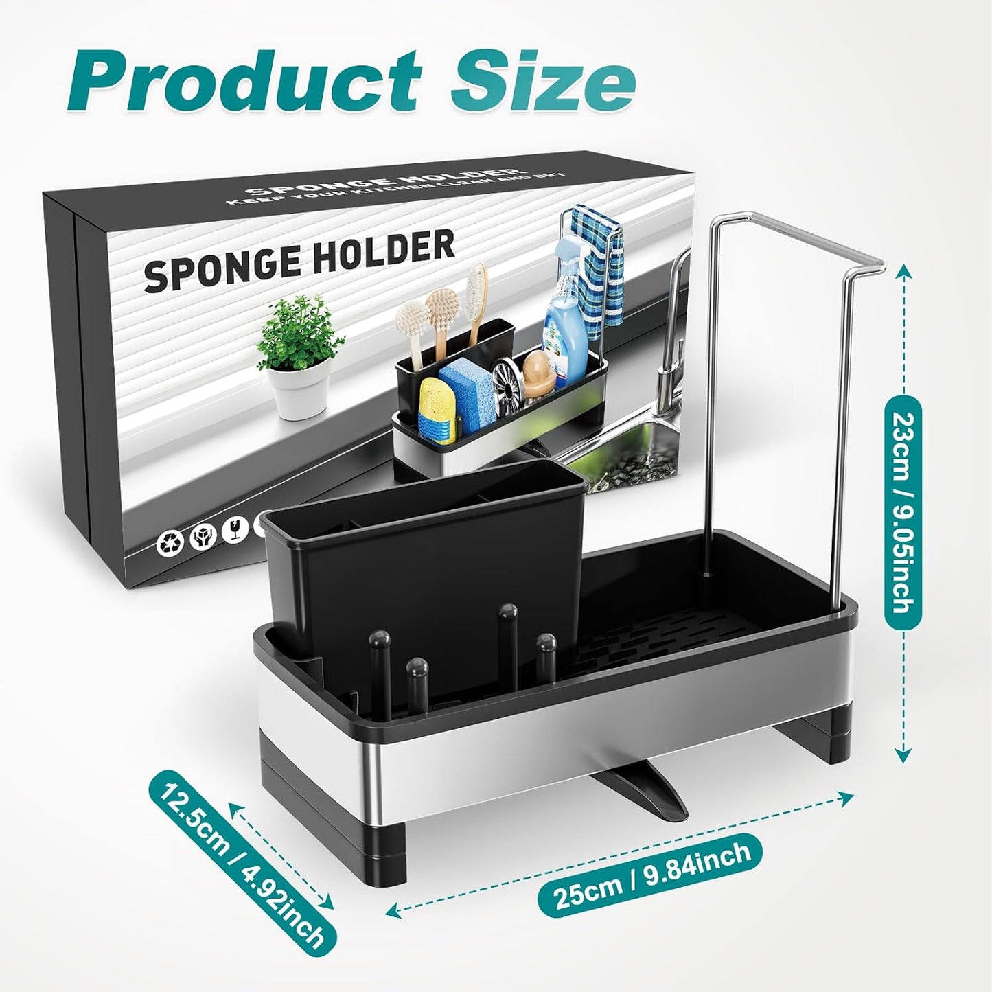 Stainless Steel Sink Caddy, Sponge Holder for Kitchen Sink with Brush Holder and Towel Rack, Sink Organizer for Countertop, Soap Kitchen Organizers Storage Essentials (A-Black)