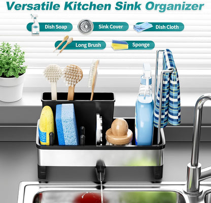 Stainless Steel Sink Caddy, Sponge Holder for Kitchen Sink with Brush Holder and Towel Rack, Sink Organizer for Countertop, Soap Kitchen Organizers Storage Essentials (A-Black)