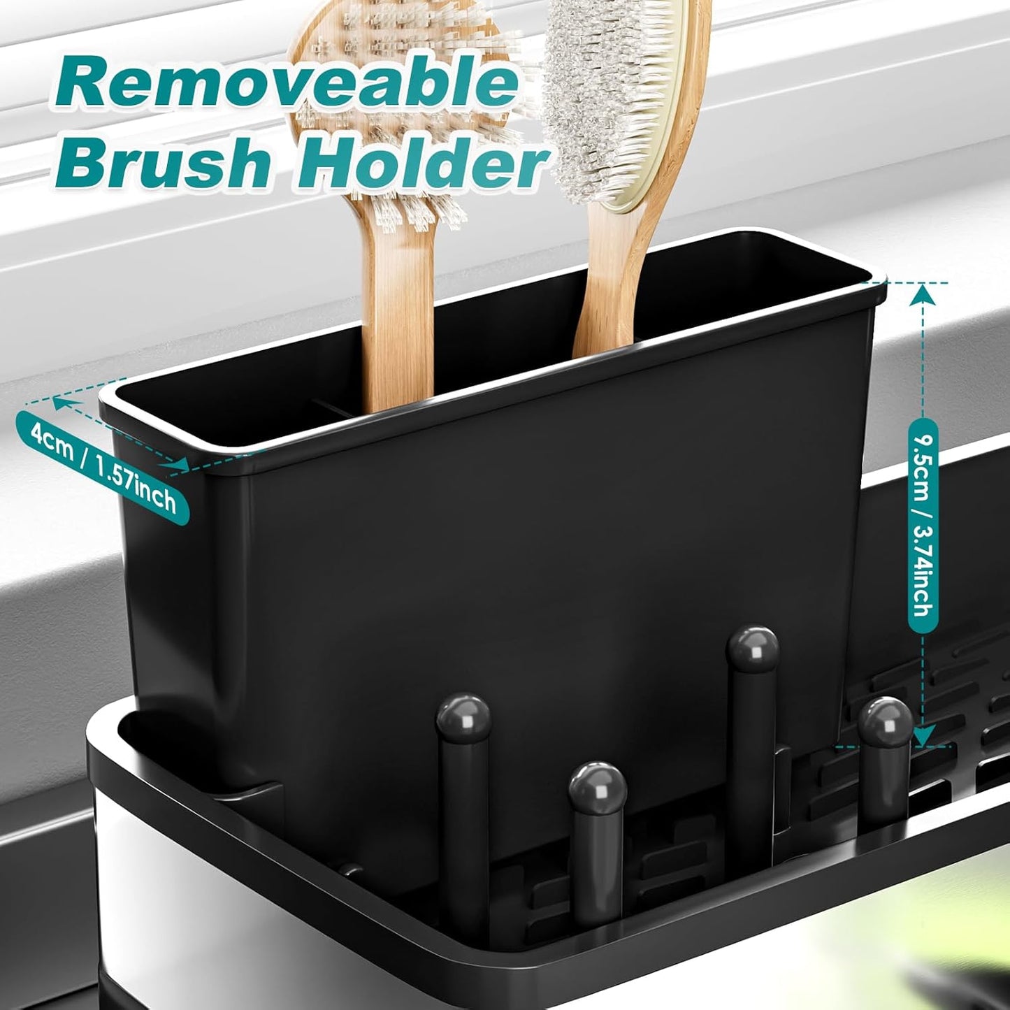 Stainless Steel Sink Caddy, Sponge Holder for Kitchen Sink with Brush Holder and Towel Rack, Sink Organizer for Countertop, Soap Kitchen Organizers Storage Essentials (A-Black)
