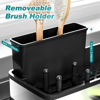 Stainless Steel Sink Caddy, Sponge Holder for Kitchen Sink with Brush Holder and Towel Rack, Sink Organizer for Countertop, Soap Kitchen Organizers Storage Essentials (A-Black)