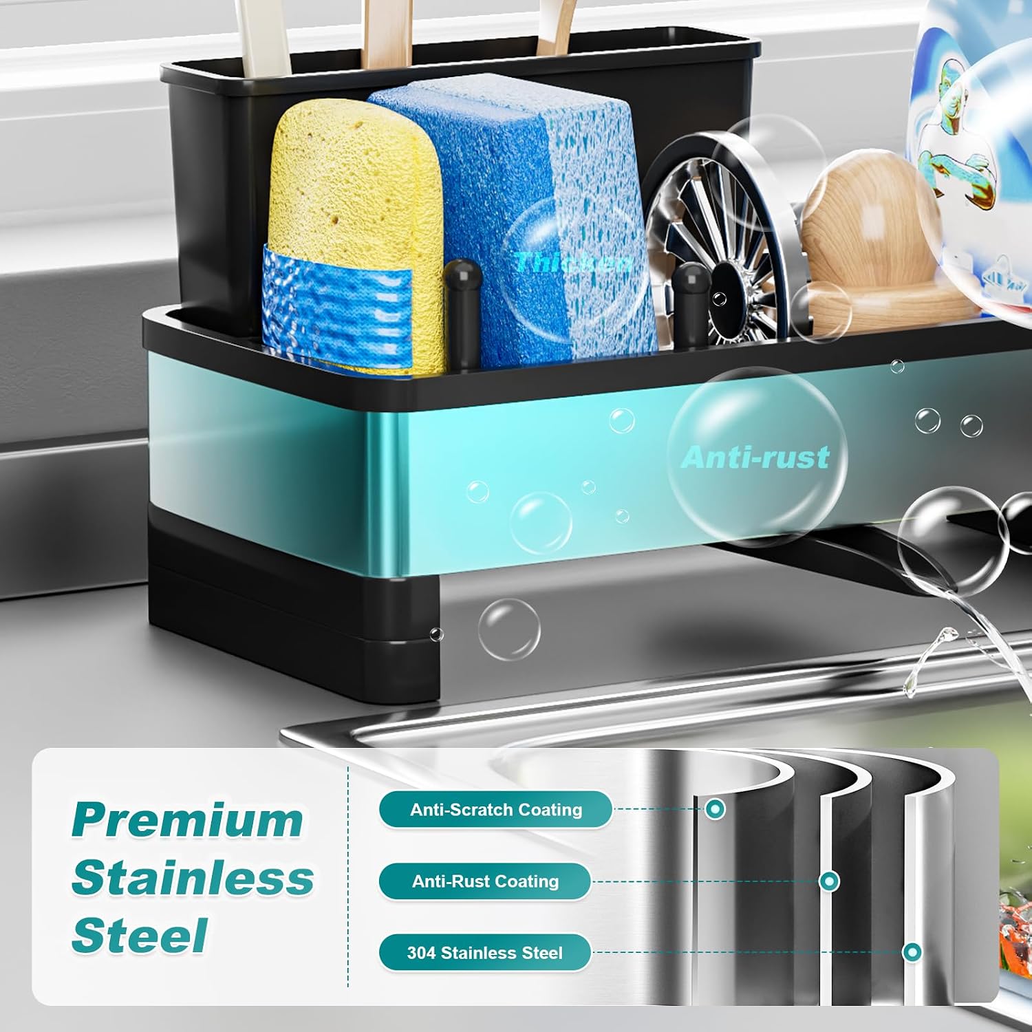 Stainless Steel Sink Caddy, Sponge Holder for Kitchen Sink with Brush Holder and Towel Rack, Sink Organizer for Countertop, Soap Kitchen Organizers Storage Essentials (A-Black)