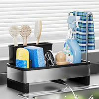 Stainless Steel Sink Caddy, Sponge Holder for Kitchen Sink with Brush Holder and Towel Rack, Sink Organizer for Countertop, Soap Kitchen Organizers Storage Essentials (A-Black)