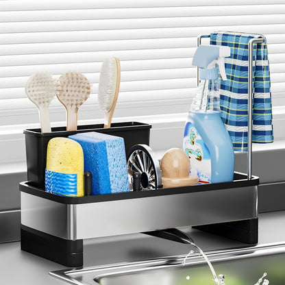 Stainless Steel Sink Caddy, Sponge Holder for Kitchen Sink with Brush Holder and Towel Rack, Sink Organizer for Countertop, Soap Kitchen Organizers Storage Essentials (A-Black)