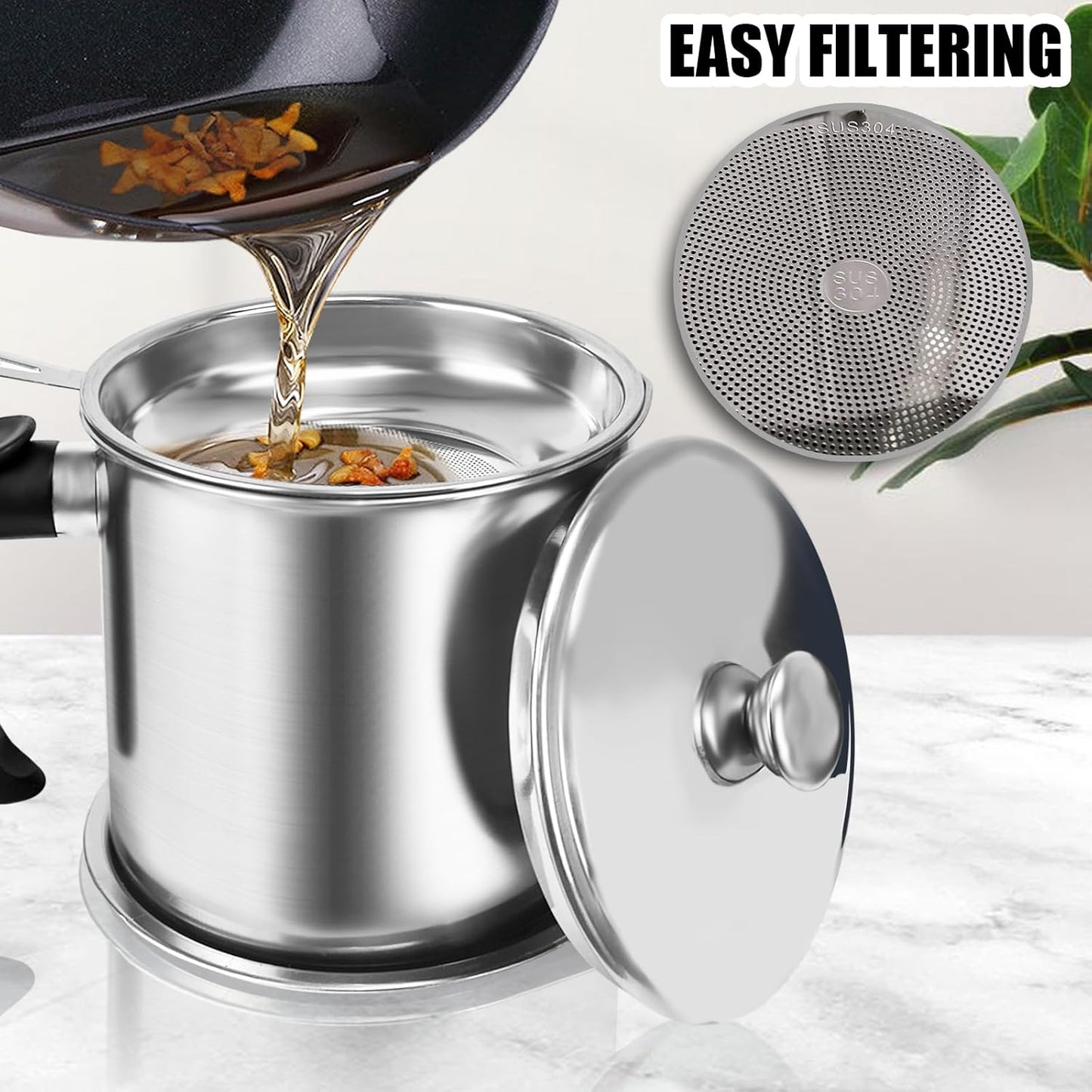 1.3L Stainless Steel Bacon Grease Container with Strainer | Comes with Anti-Slip Tray for Storing Frying Oil and Cooking Grease