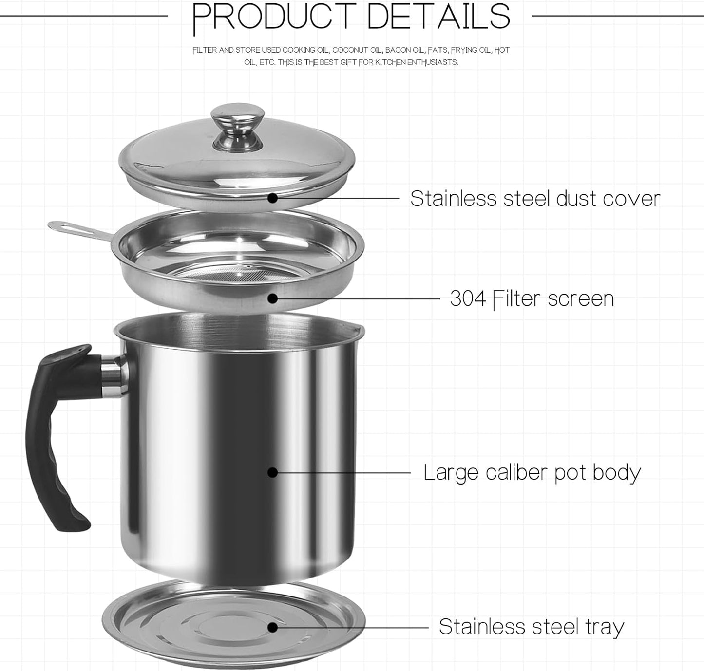 1.3L Stainless Steel Bacon Grease Container with Strainer | Comes with Anti-Slip Tray for Storing Frying Oil and Cooking Grease