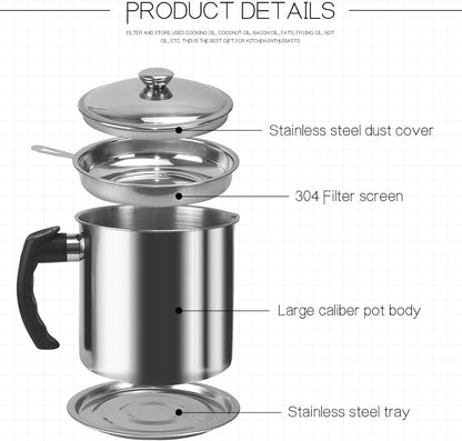 1.3L Stainless Steel Bacon Grease Container with Strainer | Comes with Anti-Slip Tray for Storing Frying Oil and Cooking Grease