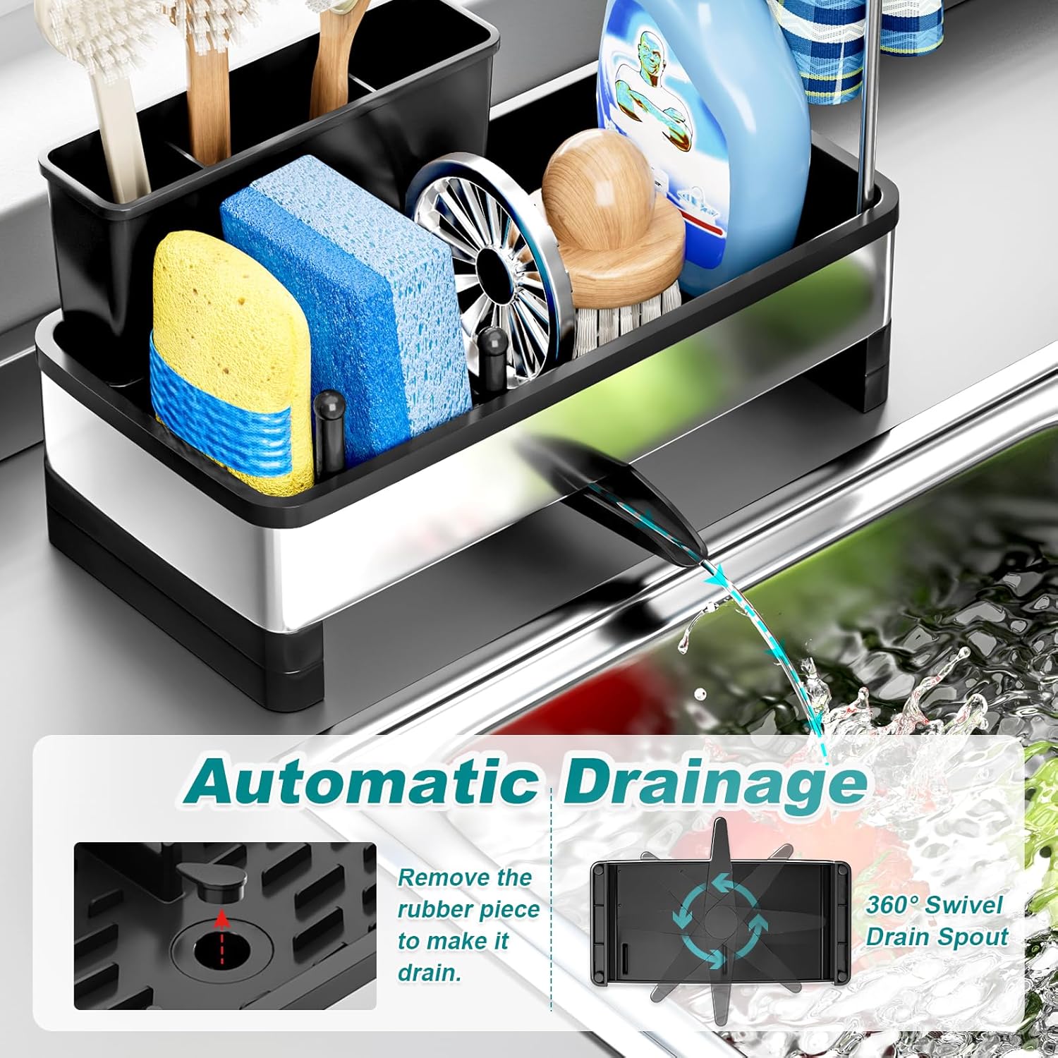 Stainless Steel Sink Caddy, Sponge Holder for Kitchen Sink with Brush Holder and Towel Rack, Sink Organizer for Countertop, Soap Kitchen Organizers Storage Essentials (A-Black)
