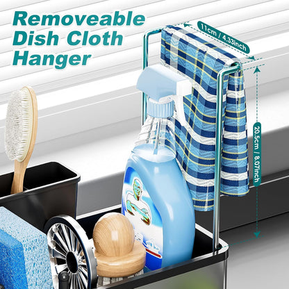 Stainless Steel Sink Caddy, Sponge Holder for Kitchen Sink with Brush Holder and Towel Rack, Sink Organizer for Countertop, Soap Kitchen Organizers Storage Essentials (A-Black)
