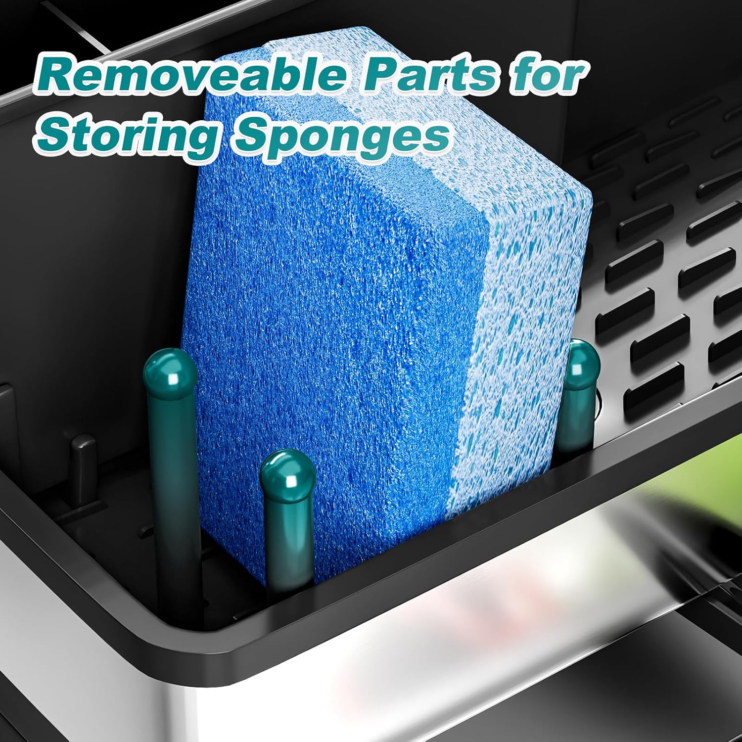 Stainless Steel Sink Caddy, Sponge Holder for Kitchen Sink with Brush Holder and Towel Rack, Sink Organizer for Countertop, Soap Kitchen Organizers Storage Essentials (A-Black)