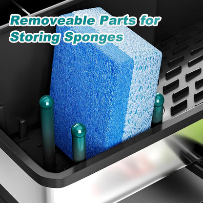 Stainless Steel Sink Caddy, Sponge Holder for Kitchen Sink with Brush Holder and Towel Rack, Sink Organizer for Countertop, Soap Kitchen Organizers Storage Essentials (A-Black)