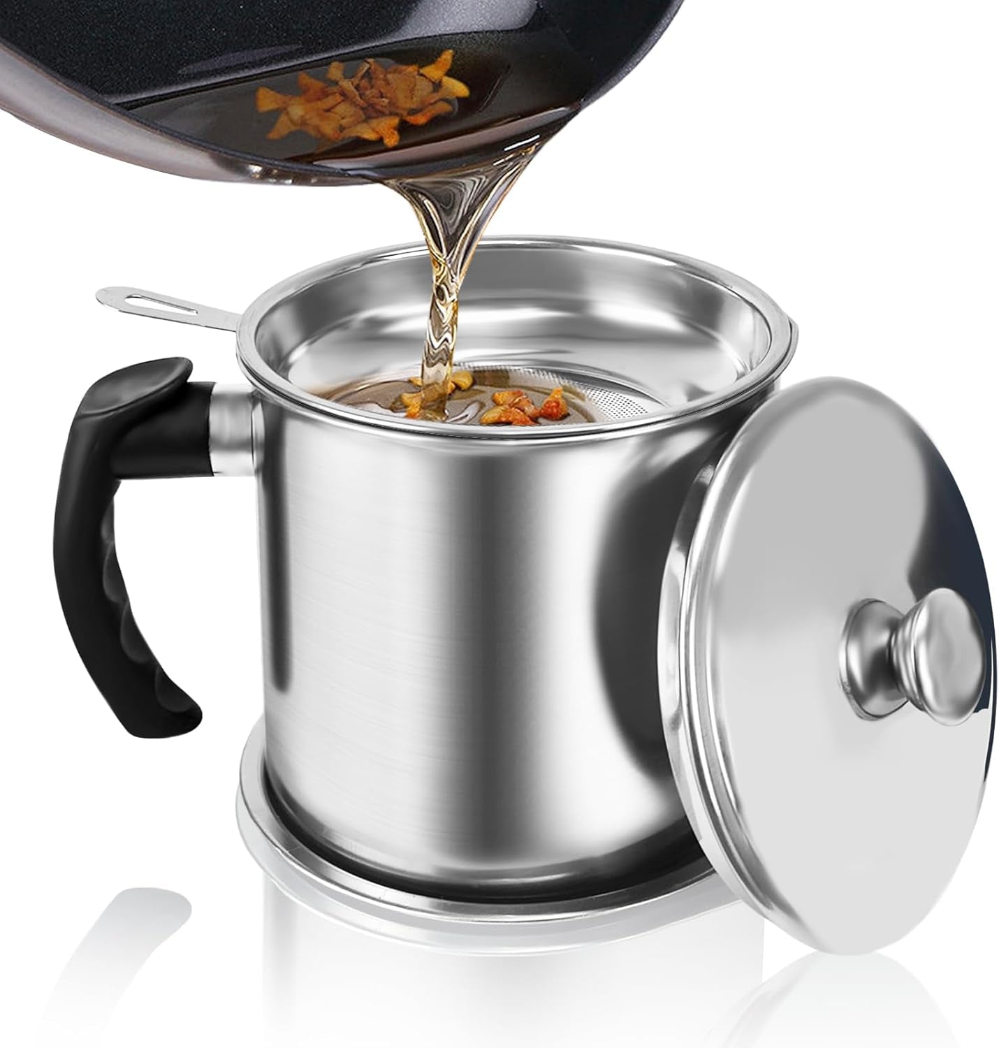 1.3L Stainless Steel Bacon Grease Container with Strainer | Comes with Anti-Slip Tray for Storing Frying Oil and Cooking Grease