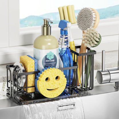 Sink Caddy Sponge Holder, Smiley Face Sponge Rack with High Brush Holder,Rustproof Kitchen Countertop Organizer,Kitchen Gadgets Sink Accessories, Black