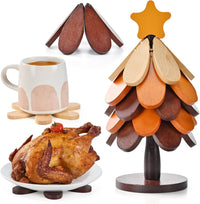 Tree Shaped Wooden Trivet Set with Stand (5 Pack)