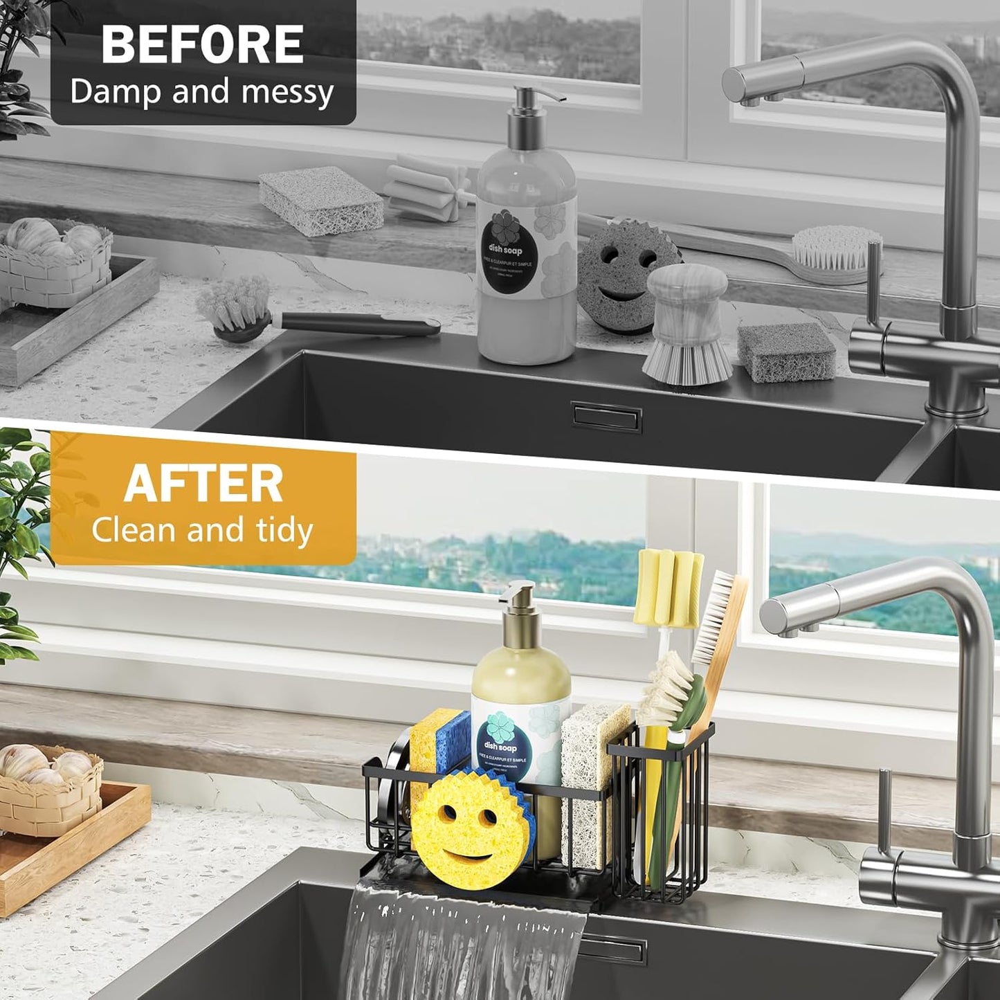 Sink Caddy Sponge Holder, Smiley Face Sponge Rack with High Brush Holder,Rustproof Kitchen Countertop Organizer,Kitchen Gadgets Sink Accessories, Black