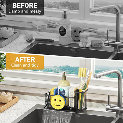 Sink Caddy Sponge Holder, Smiley Face Sponge Rack with High Brush Holder,Rustproof Kitchen Countertop Organizer,Kitchen Gadgets Sink Accessories, Black