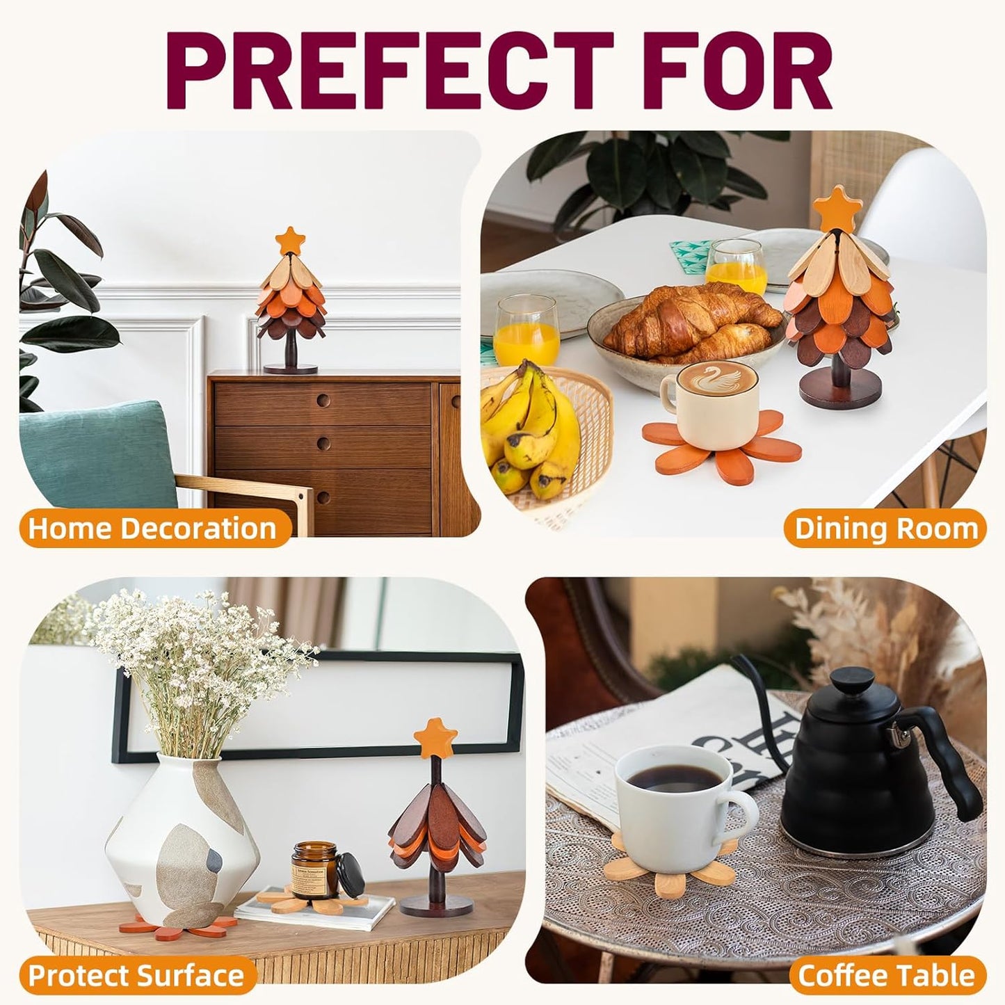 Tree Shaped Wooden Trivet Set with Stand (5 Pack)
