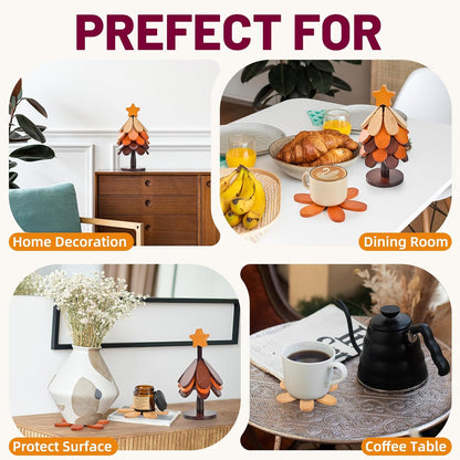 Tree Shaped Wooden Trivet Set with Stand (5 Pack)