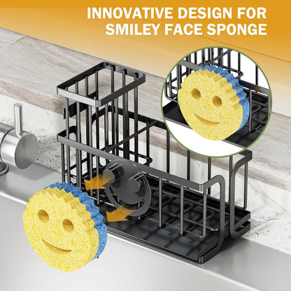 Sink Caddy Sponge Holder, Smiley Face Sponge Rack with High Brush Holder,Rustproof Kitchen Countertop Organizer,Kitchen Gadgets Sink Accessories, Black